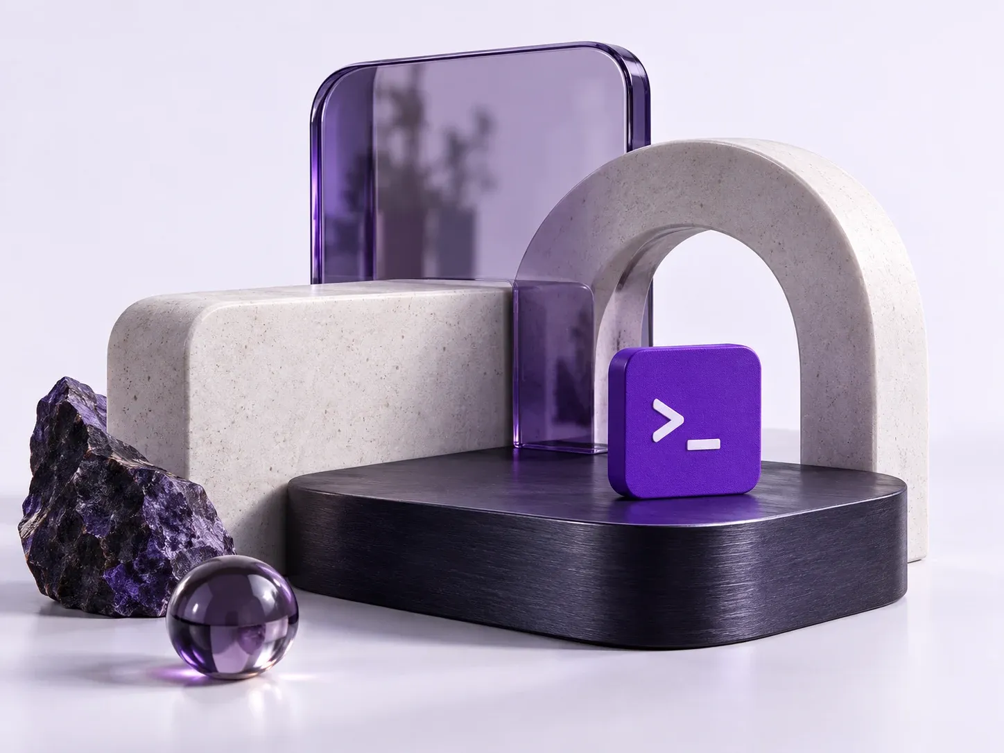 Violet glass and pale ceramic forms around the Santi020k terminal prompt