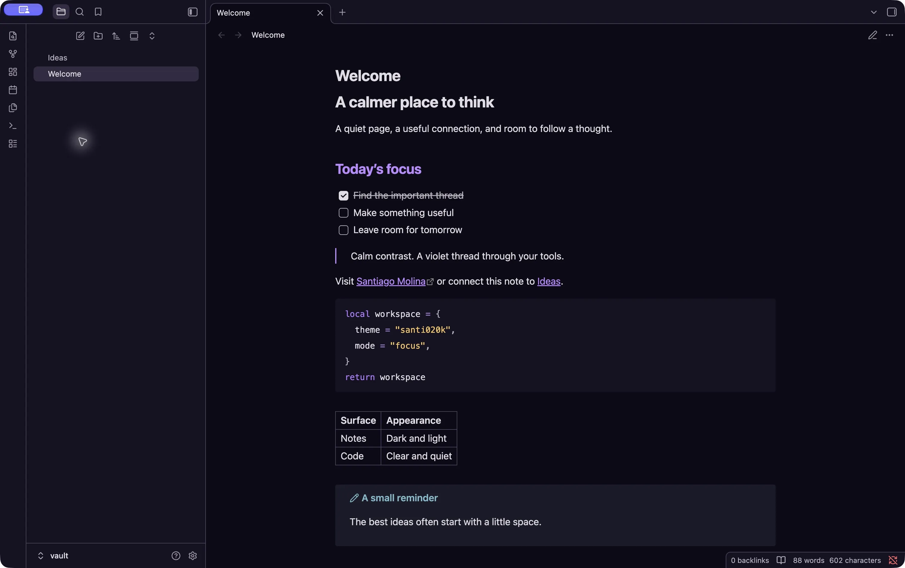 Obsidian in dark appearance, showing a daily note, violet navigation, code, and a table