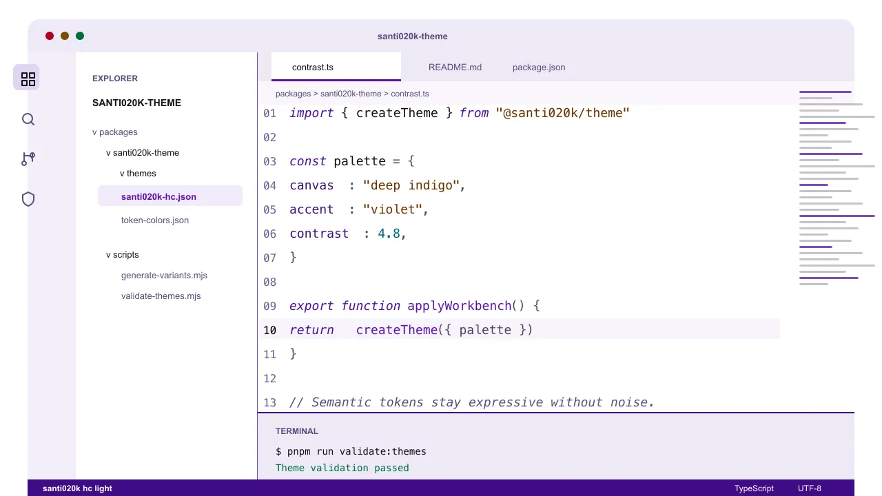 santi020k high contrast light theme applied in VS Code — white surfaces with strong purple structure and clear syntax contrast