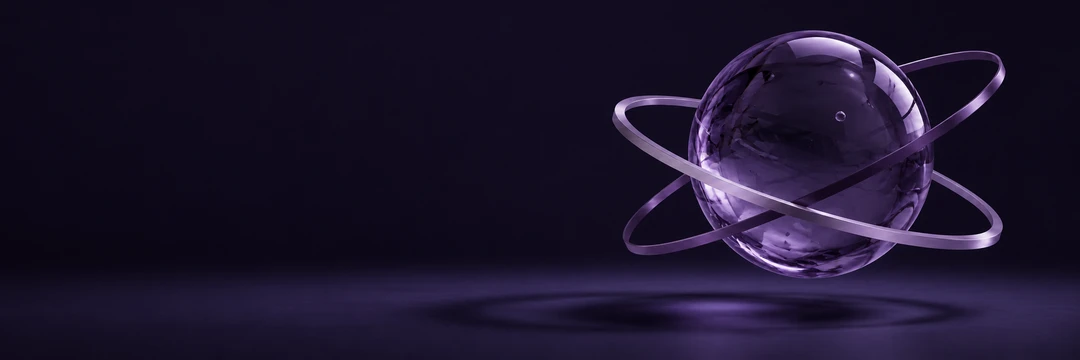 A floating violet glass sphere encircled by two thin intersecting metal rings