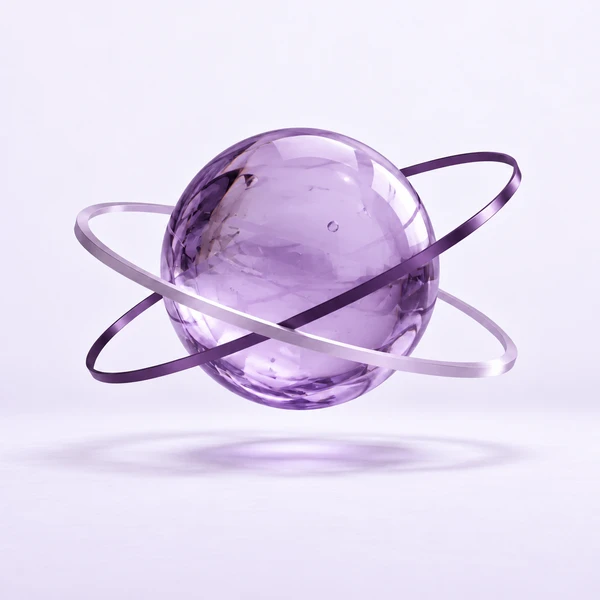 A floating violet glass sphere encircled by two thin intersecting metal rings, light square cover