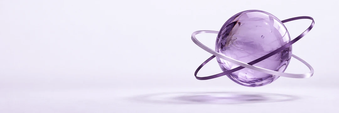 A floating violet glass sphere encircled by two thin intersecting metal rings, light wide banner