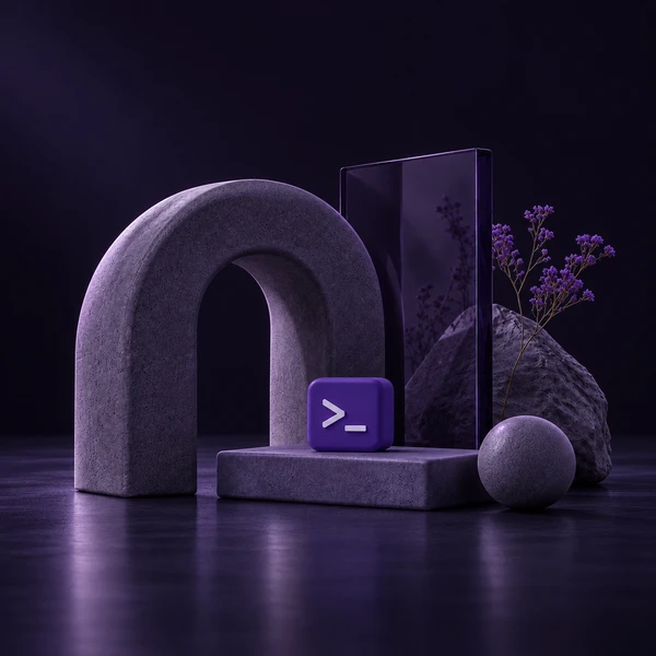 A ceramic arch, violet glass panel, and purple terminal tile in a softly lit studio, dark square cover
