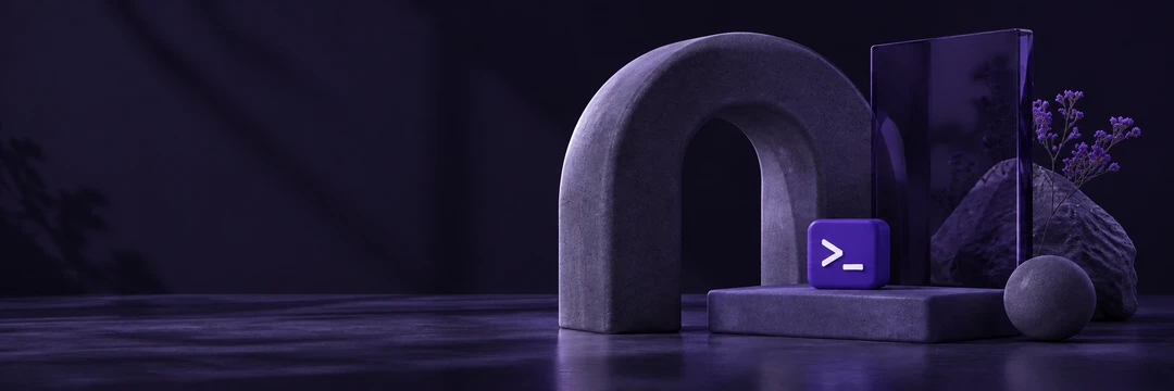 A ceramic arch, violet glass panel, and purple terminal tile in a softly lit studio, dark wide banner