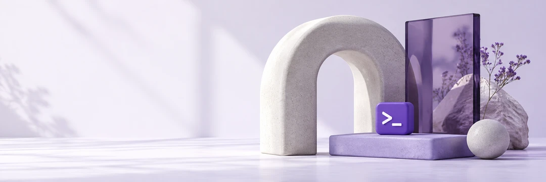 A ceramic arch, violet glass panel, and purple terminal tile in a softly lit studio, light wide banner