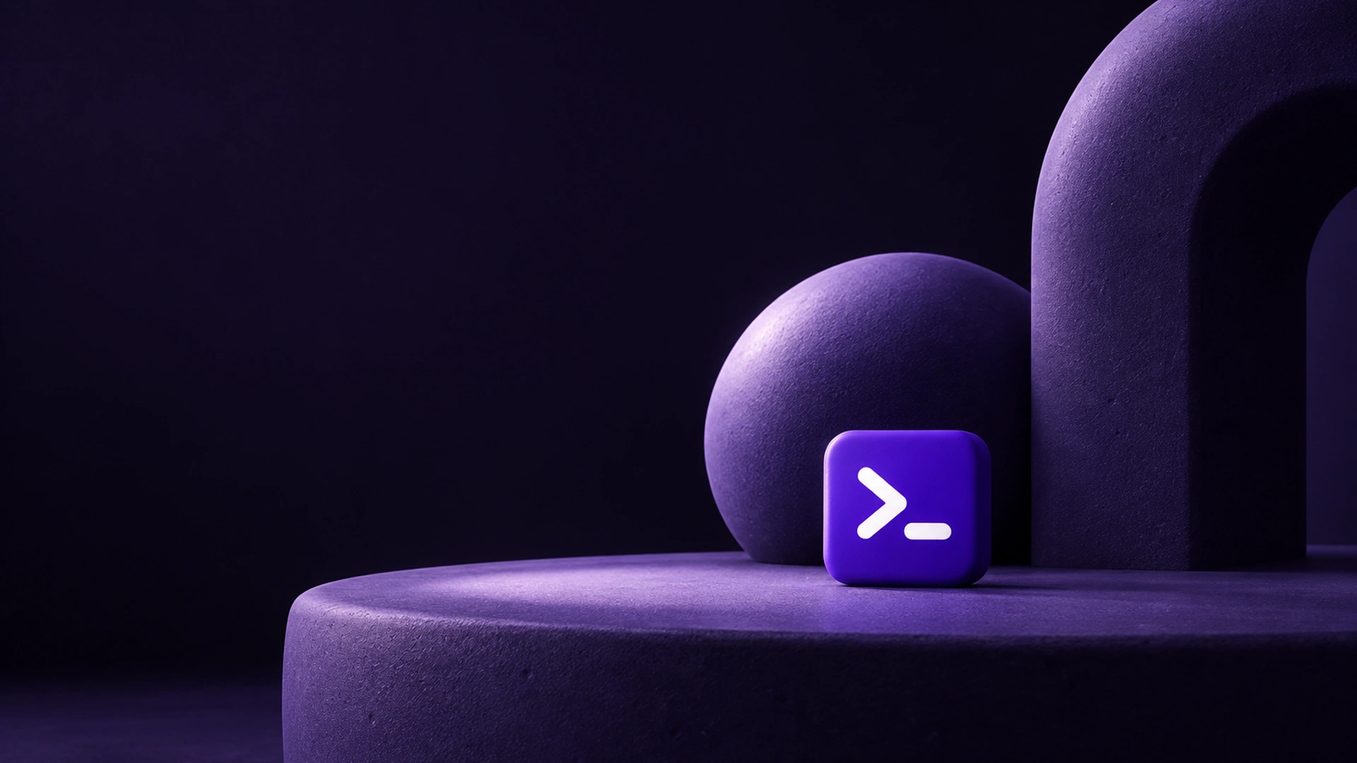Matte sculptural ceramic forms arranged around a small purple terminal prompt, dark desktop composition