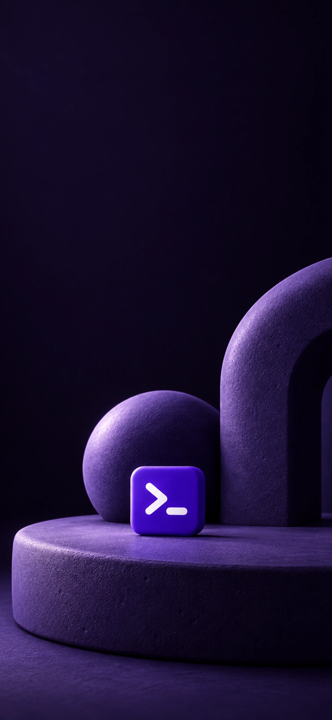 Matte sculptural ceramic forms arranged around a small purple terminal prompt, dark phone composition