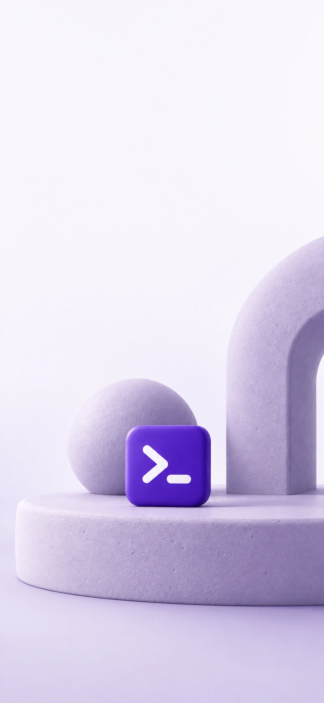Matte sculptural ceramic forms arranged around a small purple terminal prompt, light phone composition