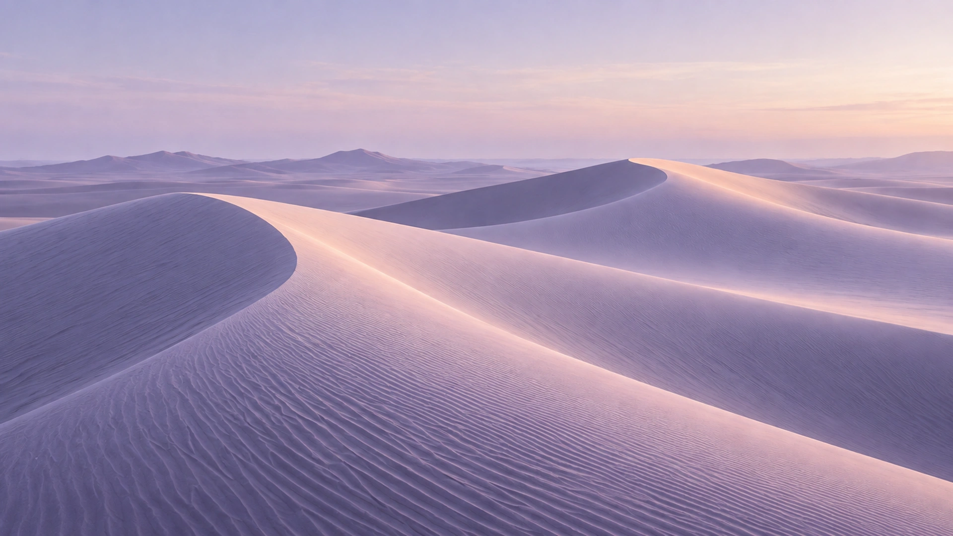 Soft violet sand ridges beneath a calm open horizon, light desktop composition