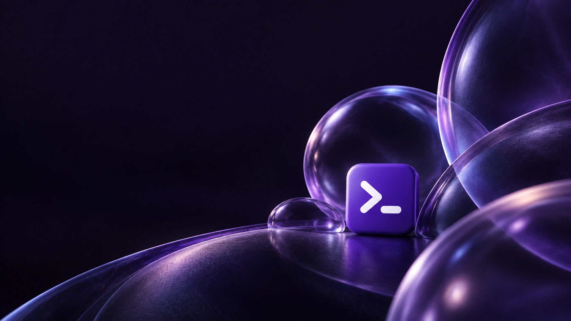 A purple terminal prompt tile surrounded by translucent violet glass forms