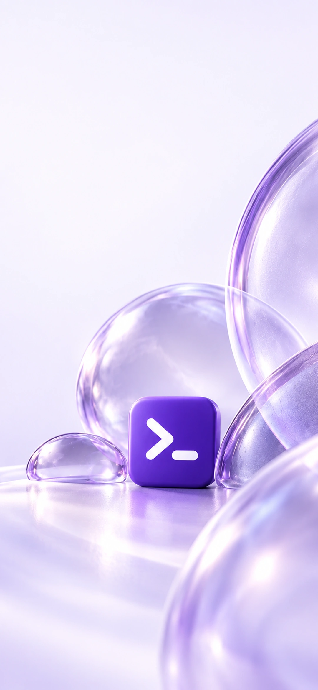 A purple terminal prompt tile surrounded by translucent violet glass forms, light phone composition