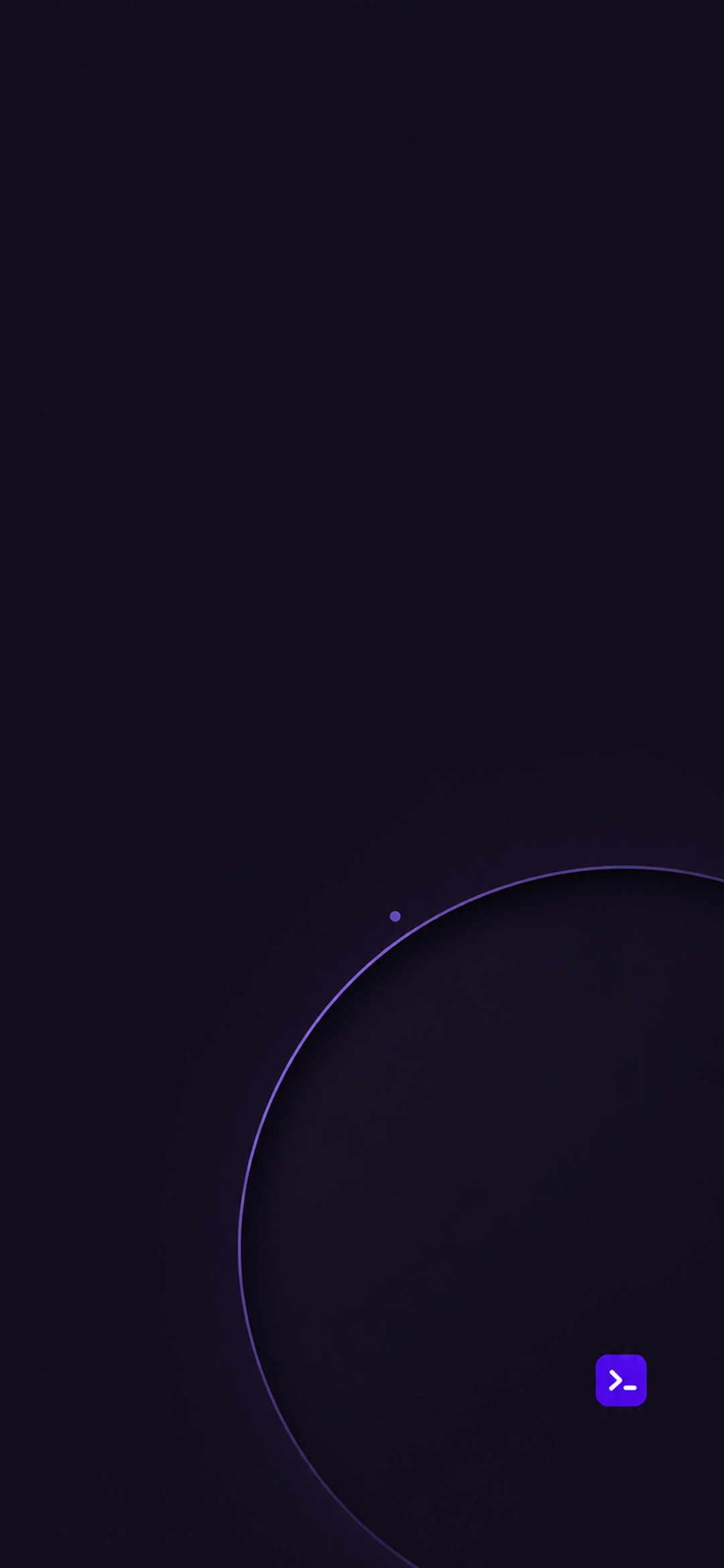 A shallow circular recess with a fine violet rim and a small purple terminal prompt, dark phone composition