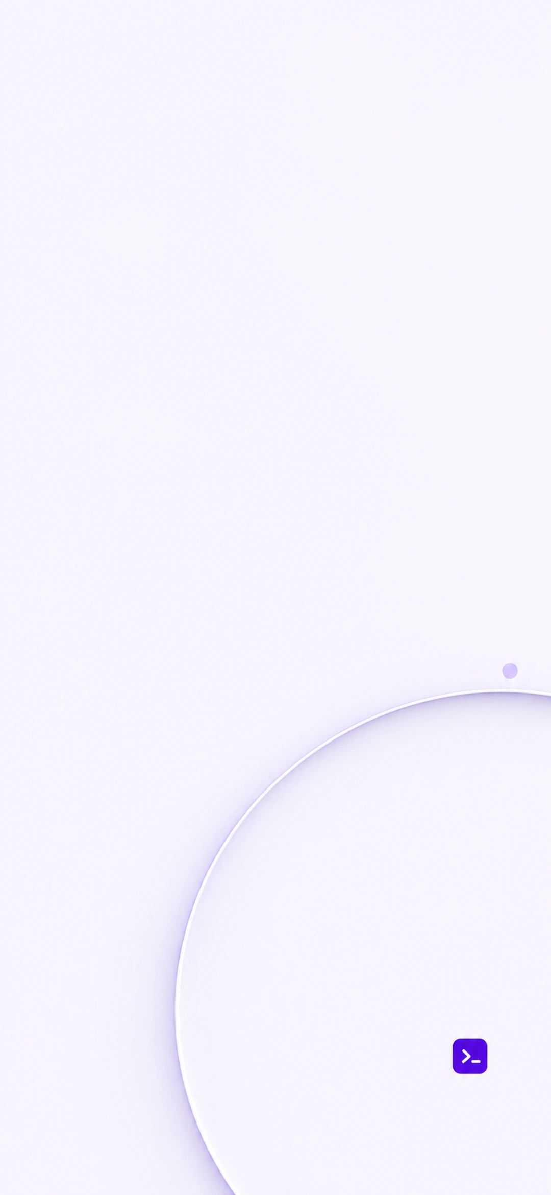 A shallow circular recess with a fine violet rim and a small purple terminal prompt, light phone composition