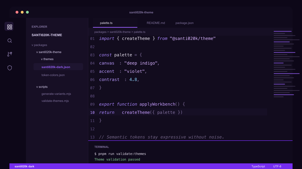santi020k dark theme applied in VS Code — deep indigo background with violet accents