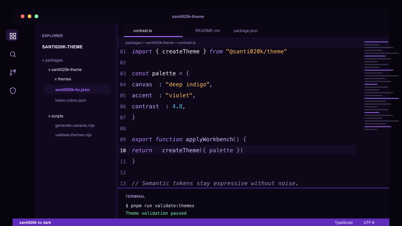 santi020k high contrast dark theme applied in VS Code — near-black surfaces with vivid purple and amber accents