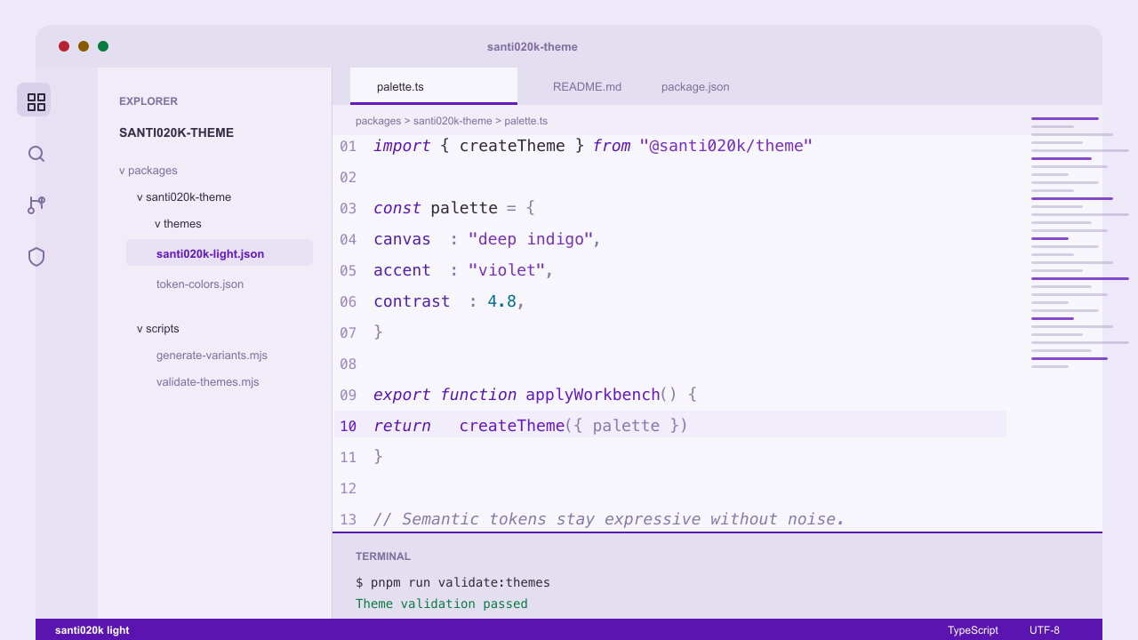 santi020k light theme applied in VS Code — soft lavender background with purple accents